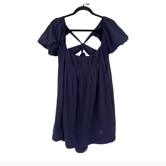 Free People Dress Marina tie back cotton crinkle babydoll blue size Large L - Picture 2 of 8